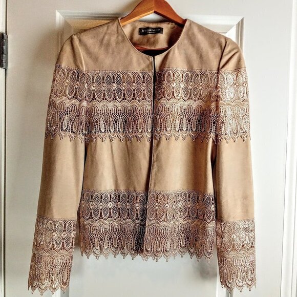 bagatelle Jackets & Blazers - Bagatelle Beige Suede Leather Lace Crochet Jacket